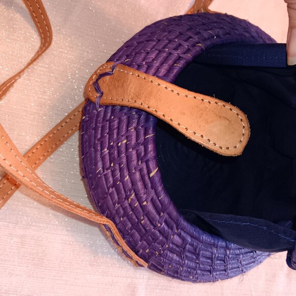 Round Woven Blue Straw rattan wicker Crossbody Purse bag handmade boho hippie - Picture 6 of 7